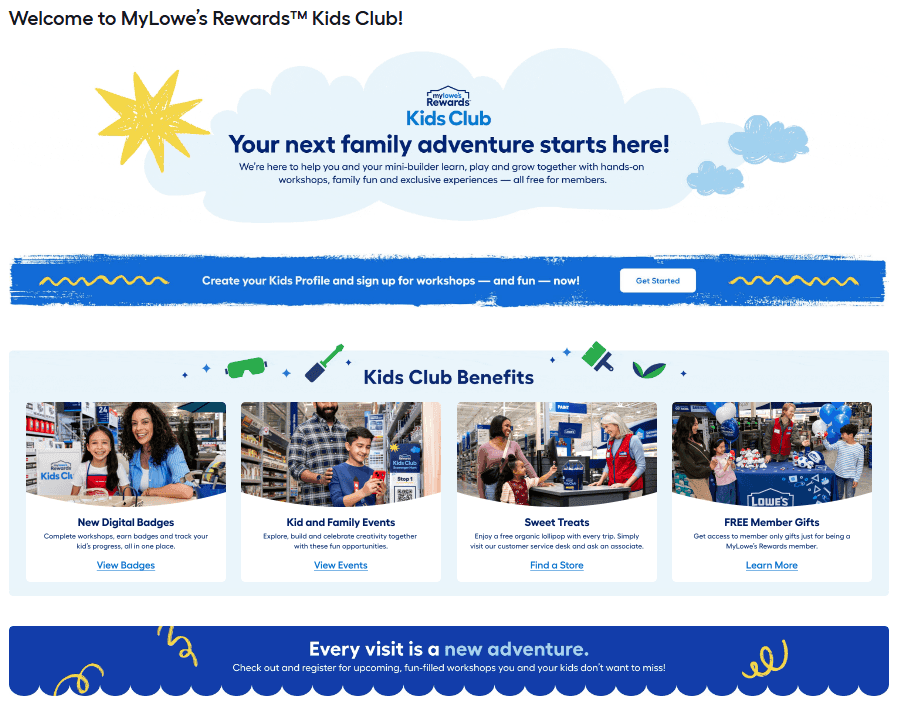 Lowe's Kids Club Landing Page