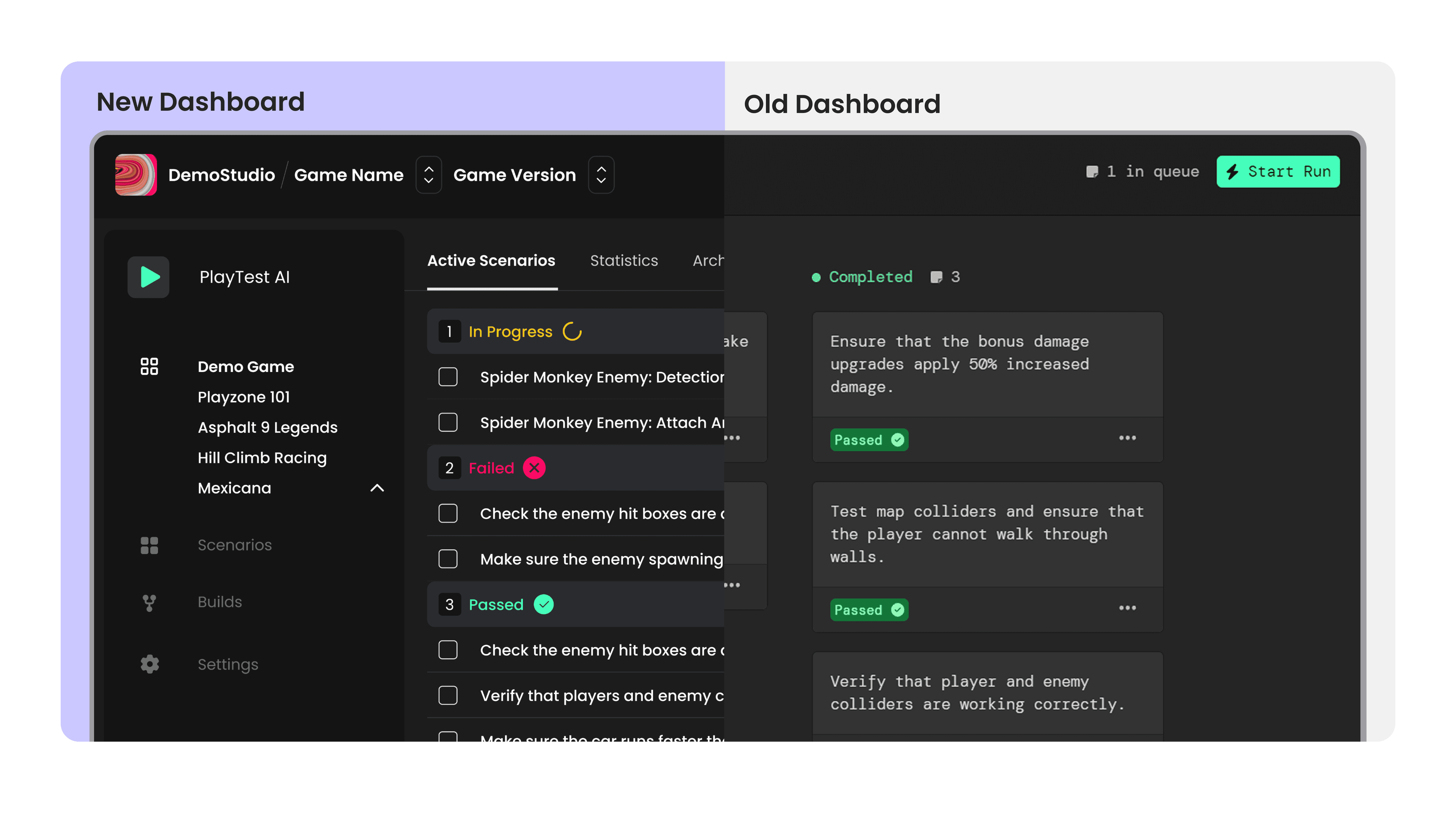 Side-by-side comparison — New Dashboard with organized sidebar, game list, status categories vs Old Dashboard with dark kanban layout and limited navigation