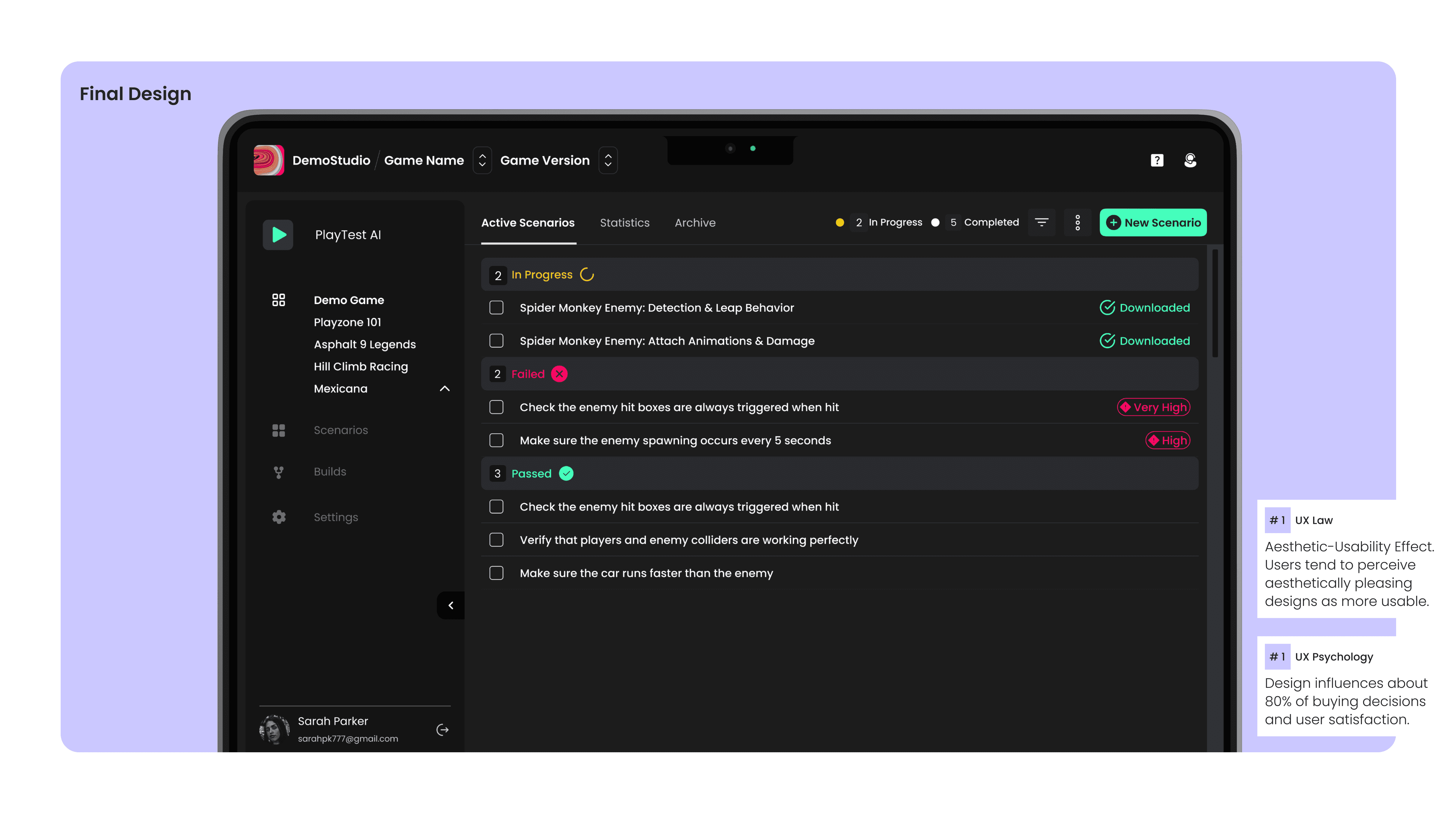 Final Design — polished dashboard with Active Scenarios, Statistics, Archive tabs; In Progress, Failed, Passed status categories; New Scenario AI CTA; severity tags