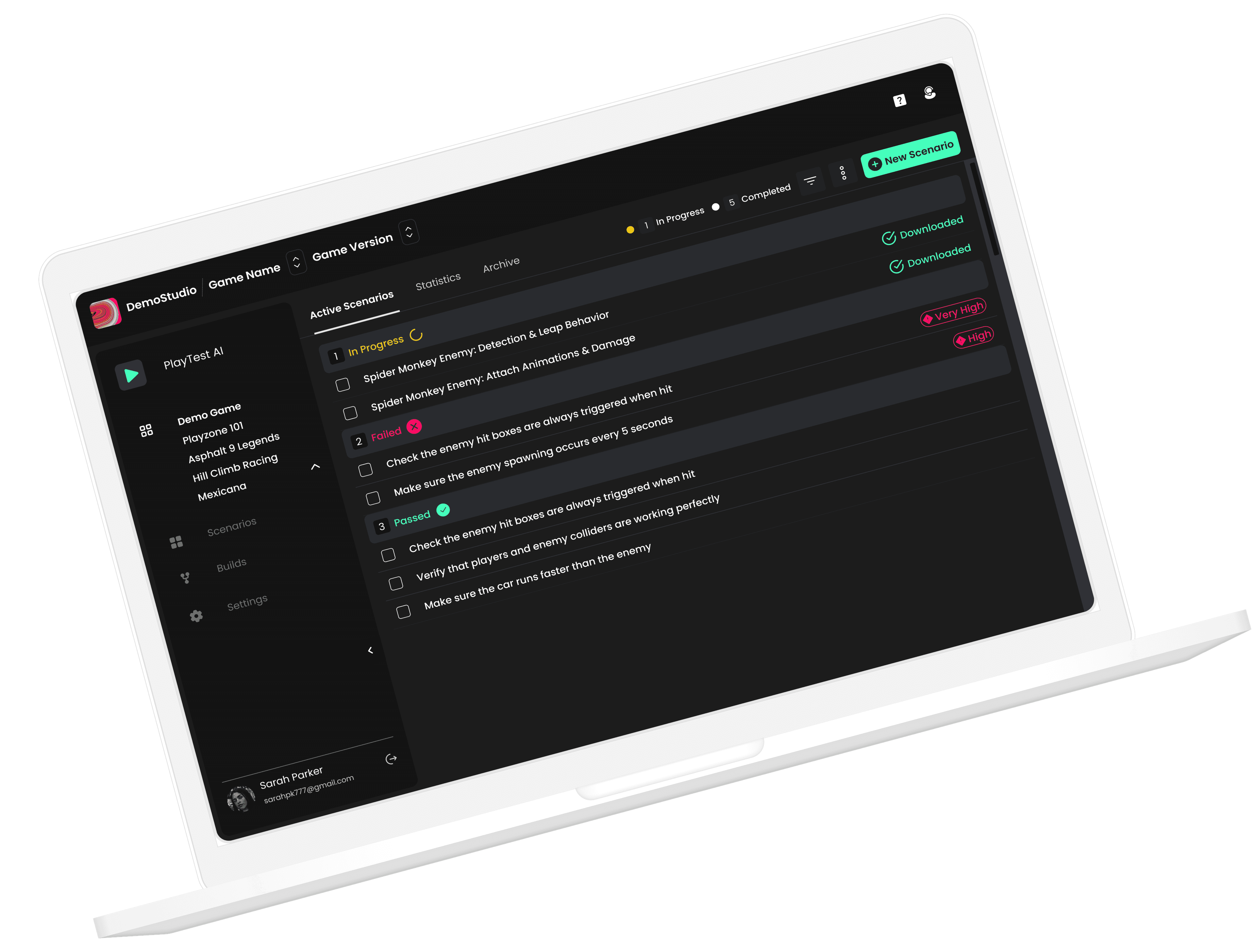 PlayTest AI dashboard mockup on laptop